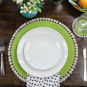 NEW Set of 4-Premium Placemats-Seashell-Trimmed Rattan-Lime Green-Eco Handcraft